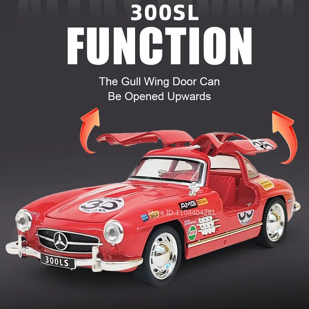 1:32 스케일 300SL SLR 772S 미니어처 모델 장난감 다이캐스트 합금 자동차 도어 개폐 사운드 라이트 후진 자동차 어린이 선물용