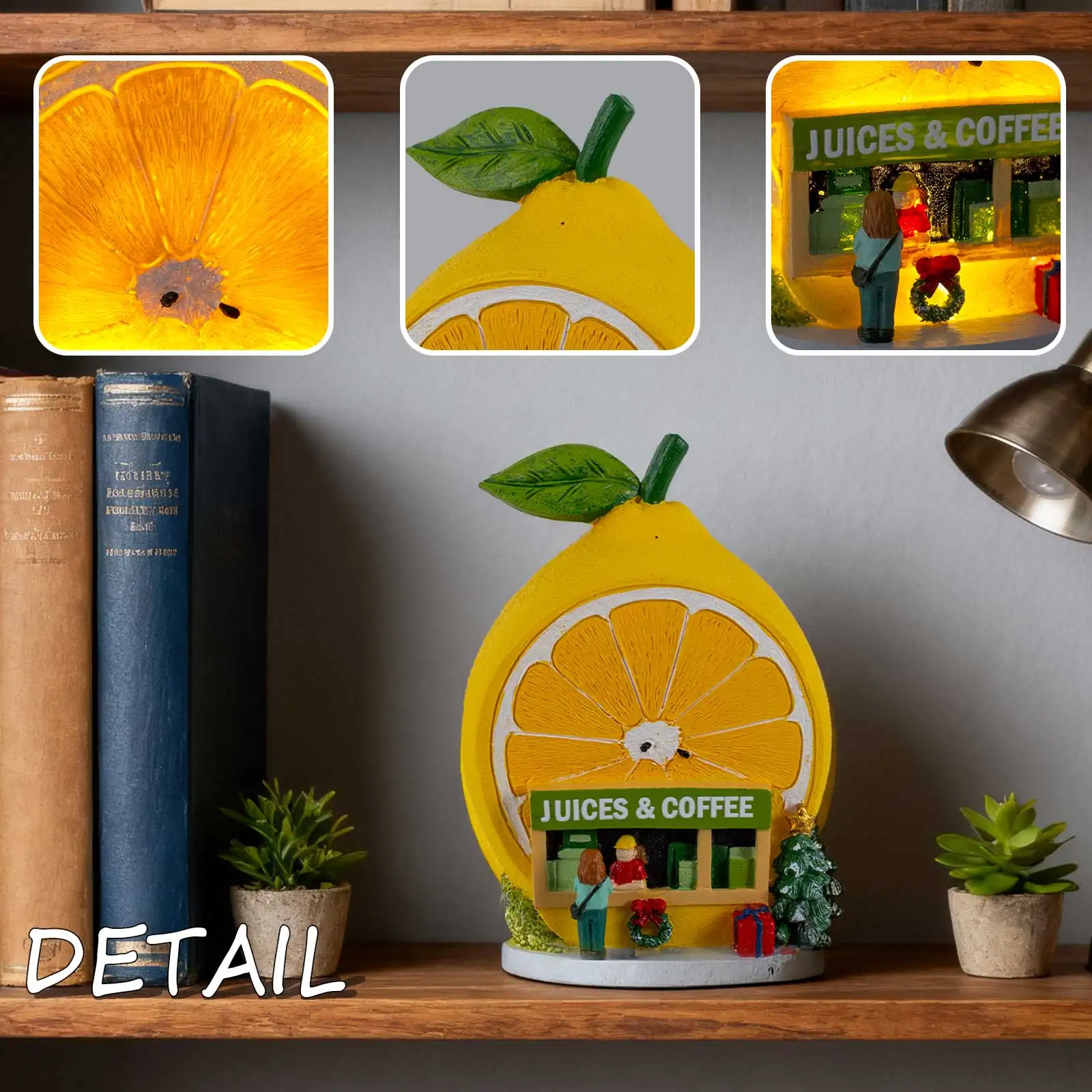 Weihnachtsdekoration für Zitronensaft und Café, LED-beleuchtete Feiertags-Sammelfigur, verschneite Dorf-Weihnachtsdekorationen – Detail 9