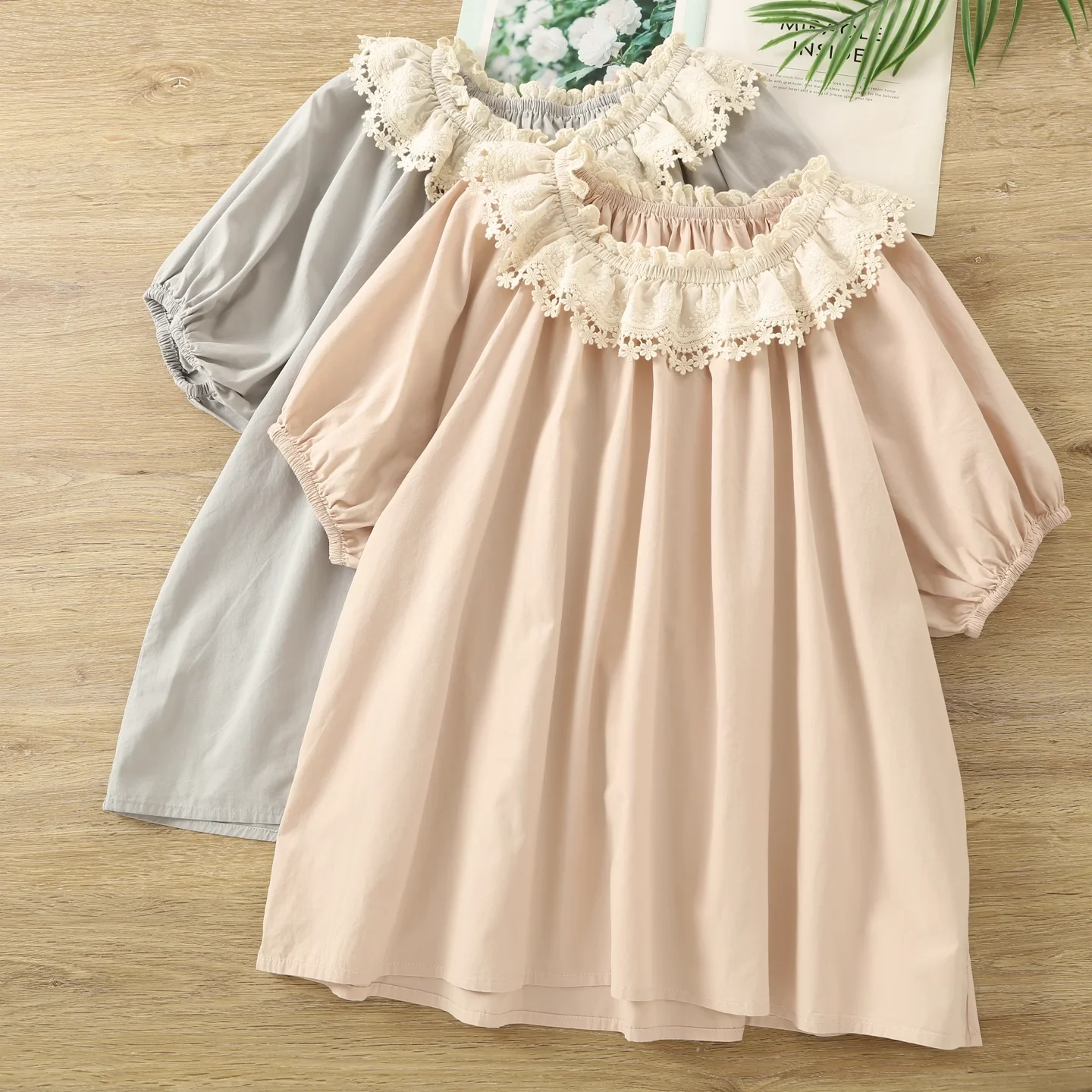 

100% cotton large size tops mori girl Japan style eyelet lace collar solid shirts and blouses for women sweet short sleeve tops