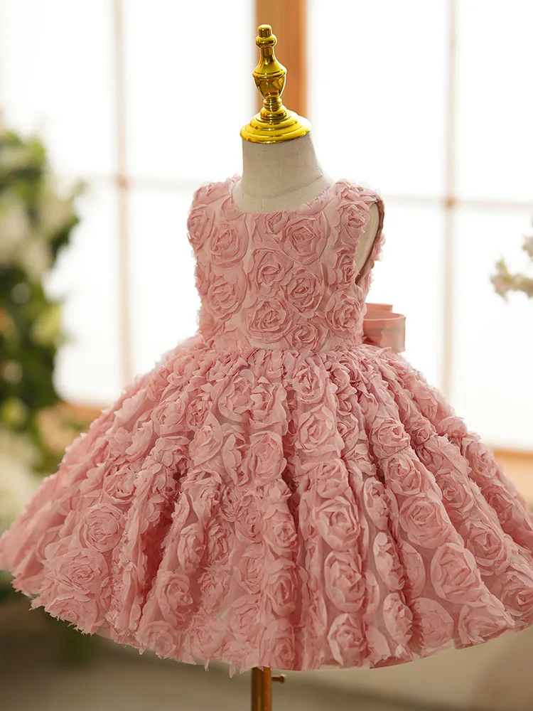 Vestido de princesa sem mangas para bebês, doces vestidos encantadores, flor rosa, vestido formal para aniversário, 1 a 6 anos de idade