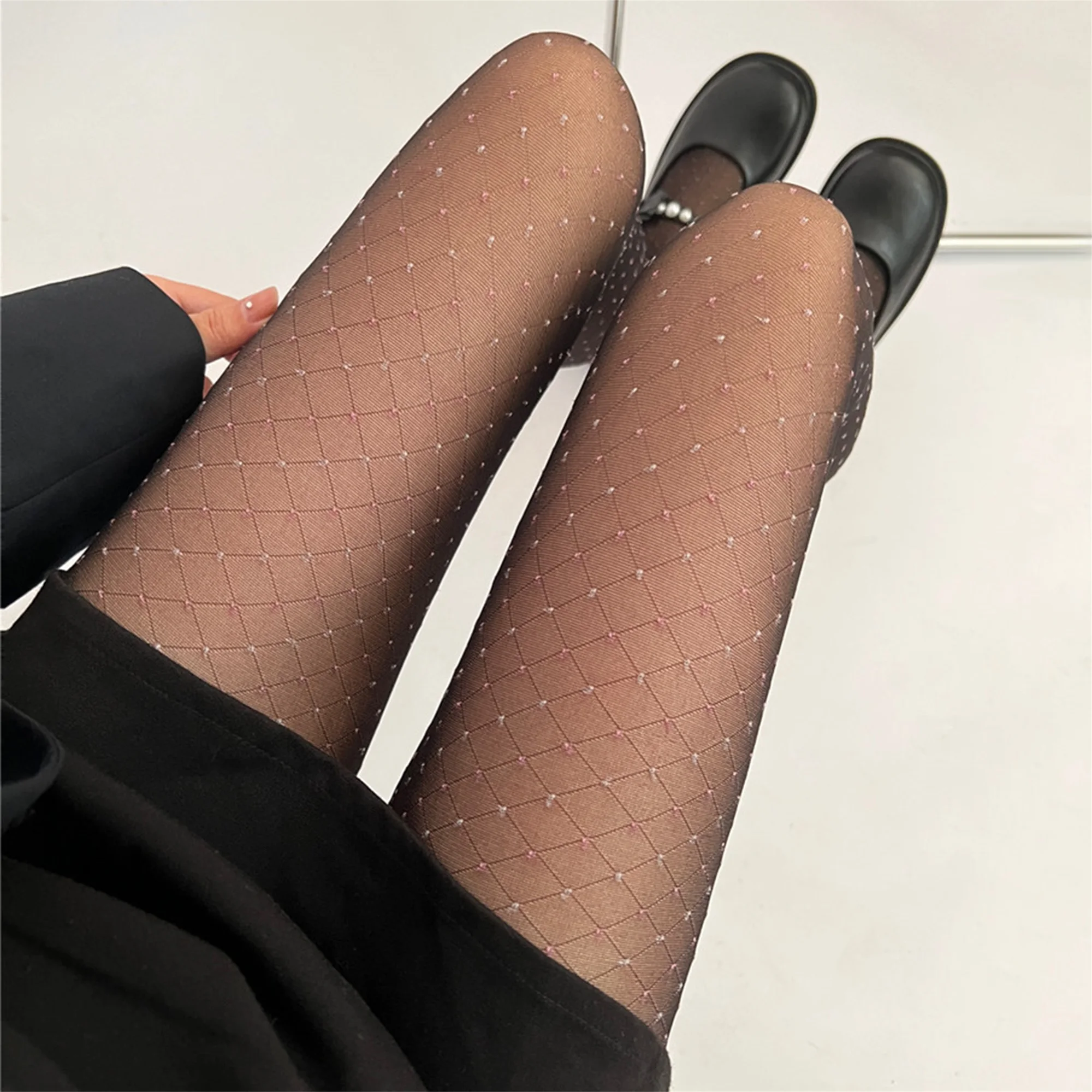 

Женские прозрачные сетчатые колготки со сверкающими стразами и высокой талией с геометрическим узором - элегантные шелковые чулки для