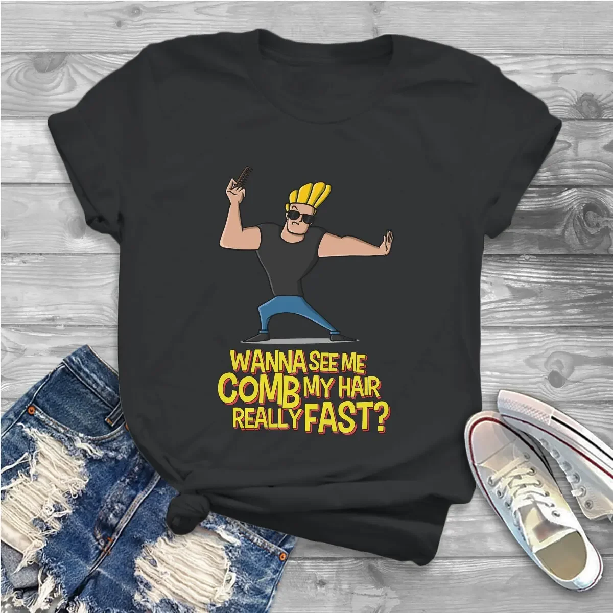 Black Humor Hey Mama1 Women T Shirts Johnny Bravo Humor Anime Fun Tee Shirt Short Sleeve Crew Neck T-Shirt Gift Idea Clothing