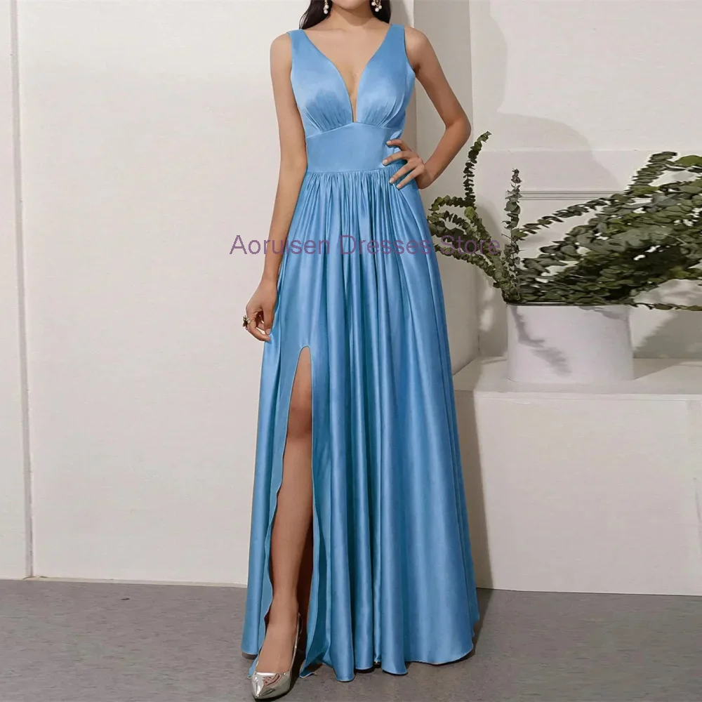 

V-neck Simple Satin Sleeveless Floor-Length Slit Reunion Dress Bridesmaid Wedding Formal Elegant Eveninig Long Party Dresse