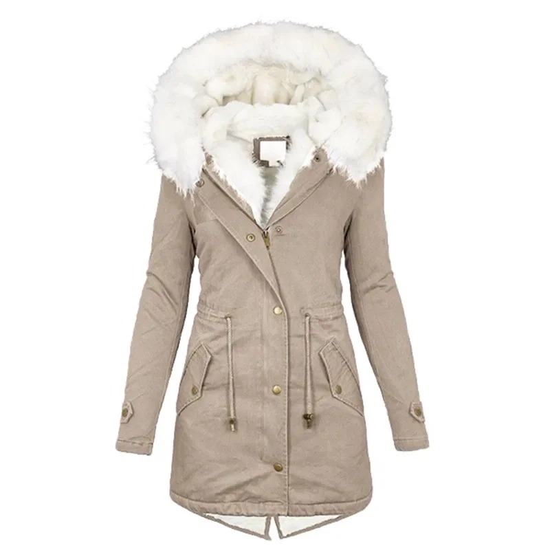 2023 New Autumn and Winter Mid length Windbreaker White Fur Collar Hooded Warm Plush Women's Coat Women's Windproof Coat
