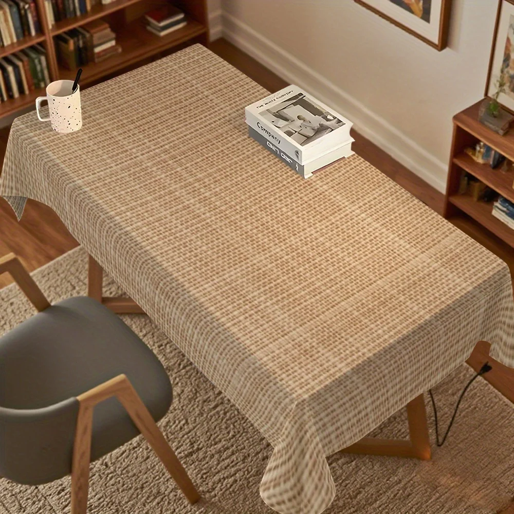 One rural-style beige-checkered rectangular tablecloth, creating a relaxed dining atmosphere