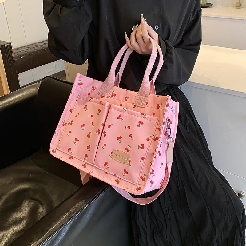 Korean Style Large Capacity Floral Canvas Tote Bag Trendy Handbag Shoulder Bag Commuter Bag Forest Cherry Pattern Oxford Cloth