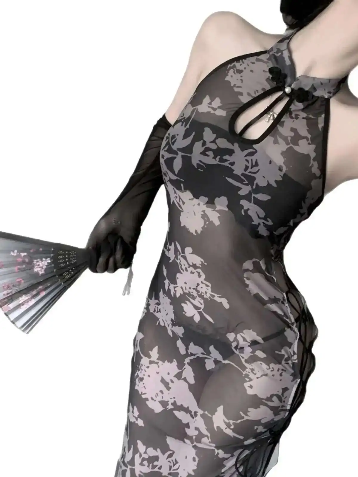 เซ็กซี่สไตล์จีนใหม่ปรับปรุง SHEER High Slit หมึกสไตล์เซ็กซี่ LACE-up Cheongsam สําหรับผู้หญิงชุดหวานเสื้อ 46XA