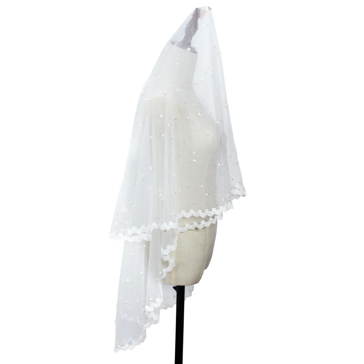 Voiles de mariage perlés pour mariée, bord en dentelle blanche, patients du bout des doigts, enterrement de vie de jeune fille, accessoires de casTrio