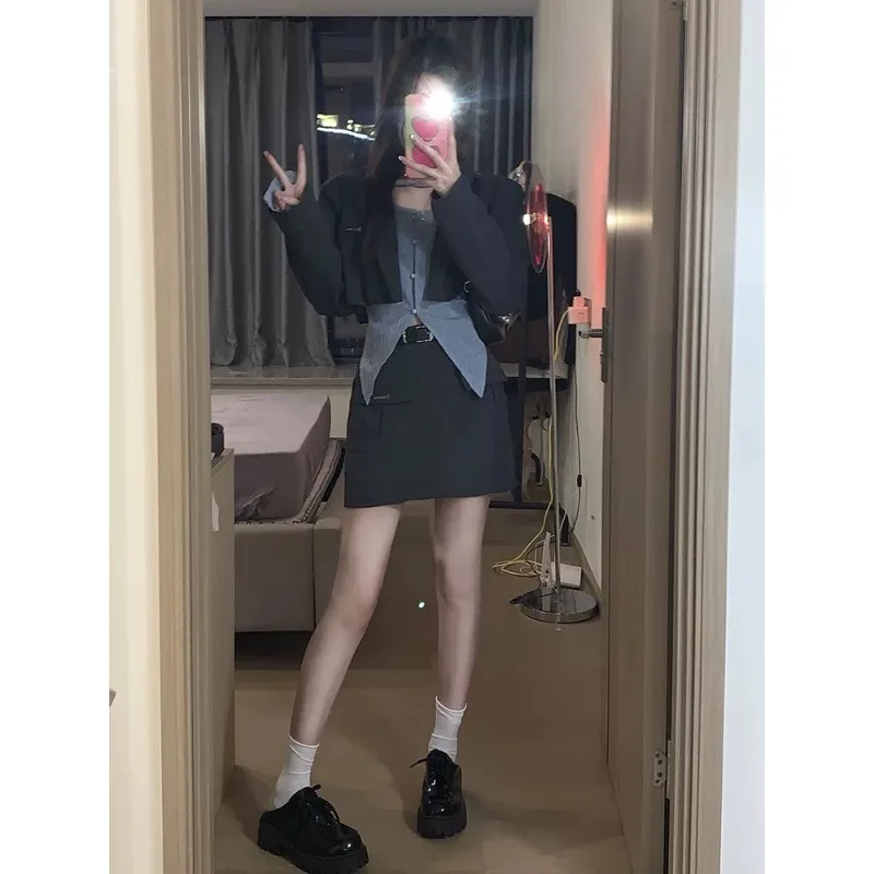Patchwork Pocket Casual Short Suit Jacket, Women's Skirt Clothing Slim, 2024 New Fashion, Women's Three-piece Set Coat Women