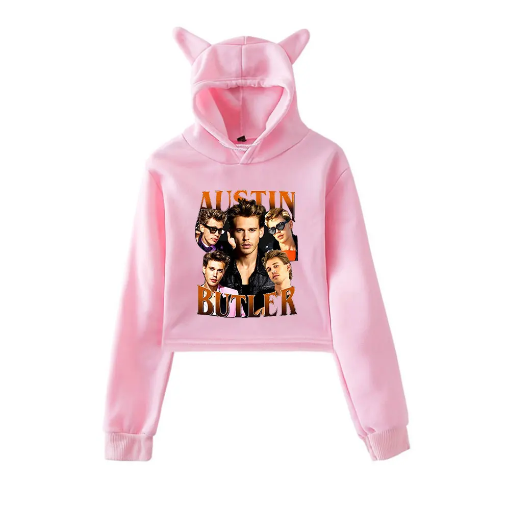 Austin Butler Merch Vintage anni '90 Streetwear logo Felpa con cappuccio Felpe con cappuccio per ragazze Cat Ear Crop Pullover sportivo alla moda