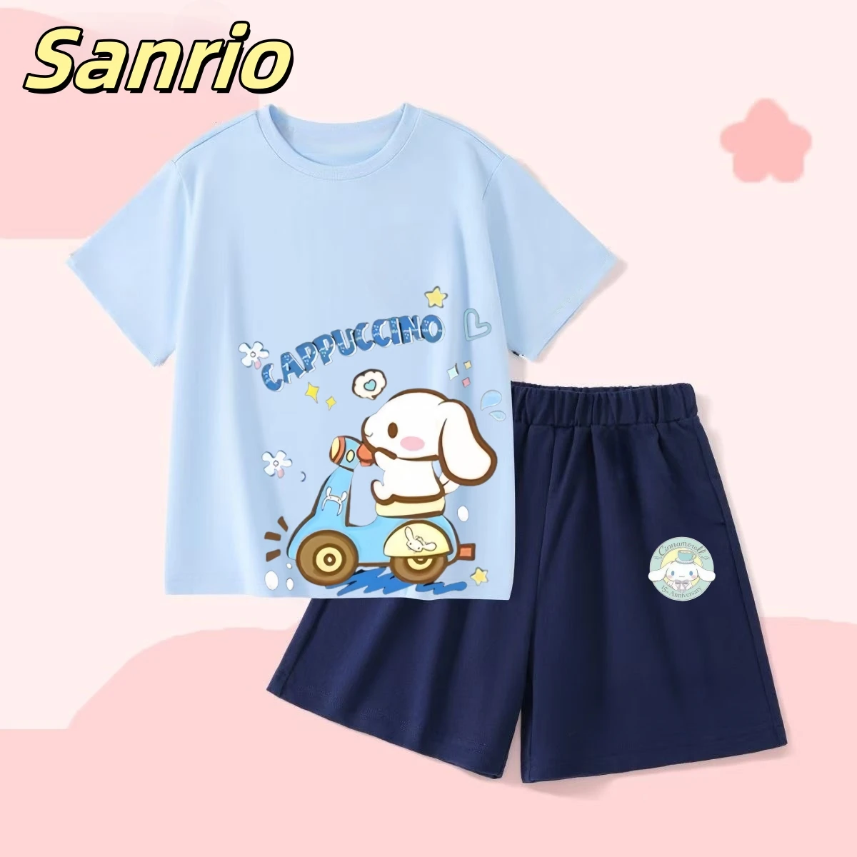 

Sanrio, летний комплект хлопковой одежды для маленьких девочек, детские футболки с короткими рукавами и принтом Cinnamoroll, топ и шорты, костюм, наряды