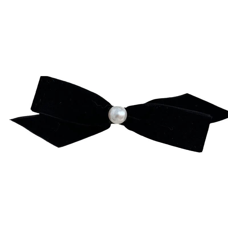 Korean Style Autumn and Winter Black Velvet Barrettes Sweet Pearl Bow Duckbill Clip All-Matching Bang Clip Accessories New