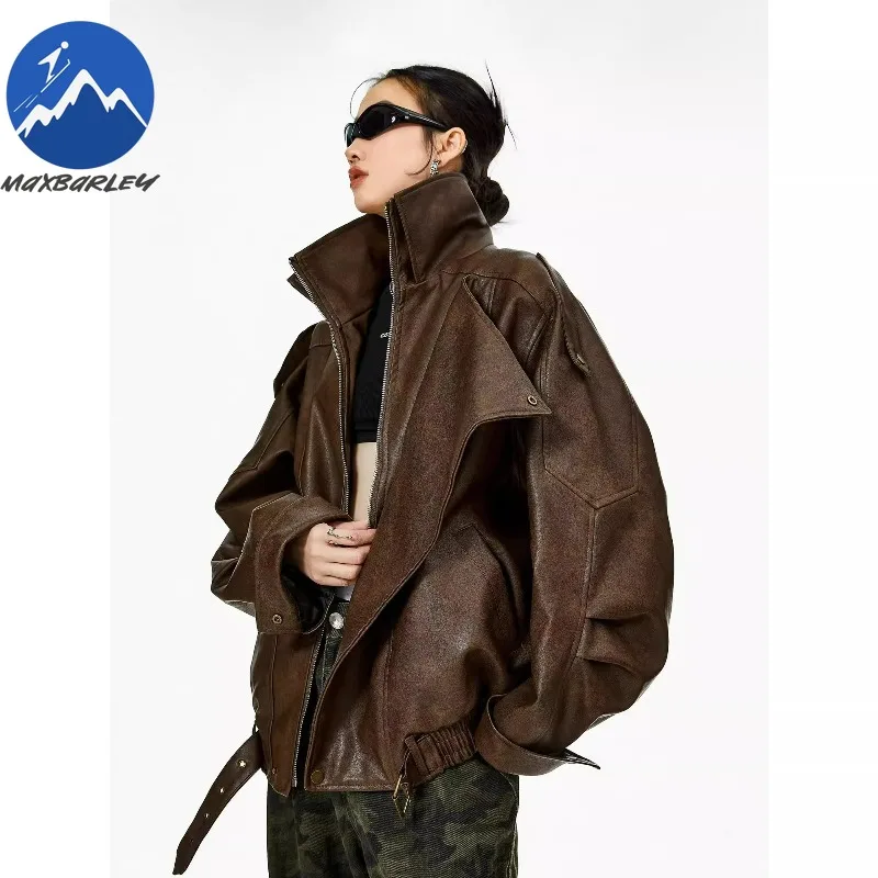 Giacca in pelle Maxbarley Giacca corta oversize in ecopelle PU retrò femminile con cintura Cappotto da motociclista con cerniera streetwear