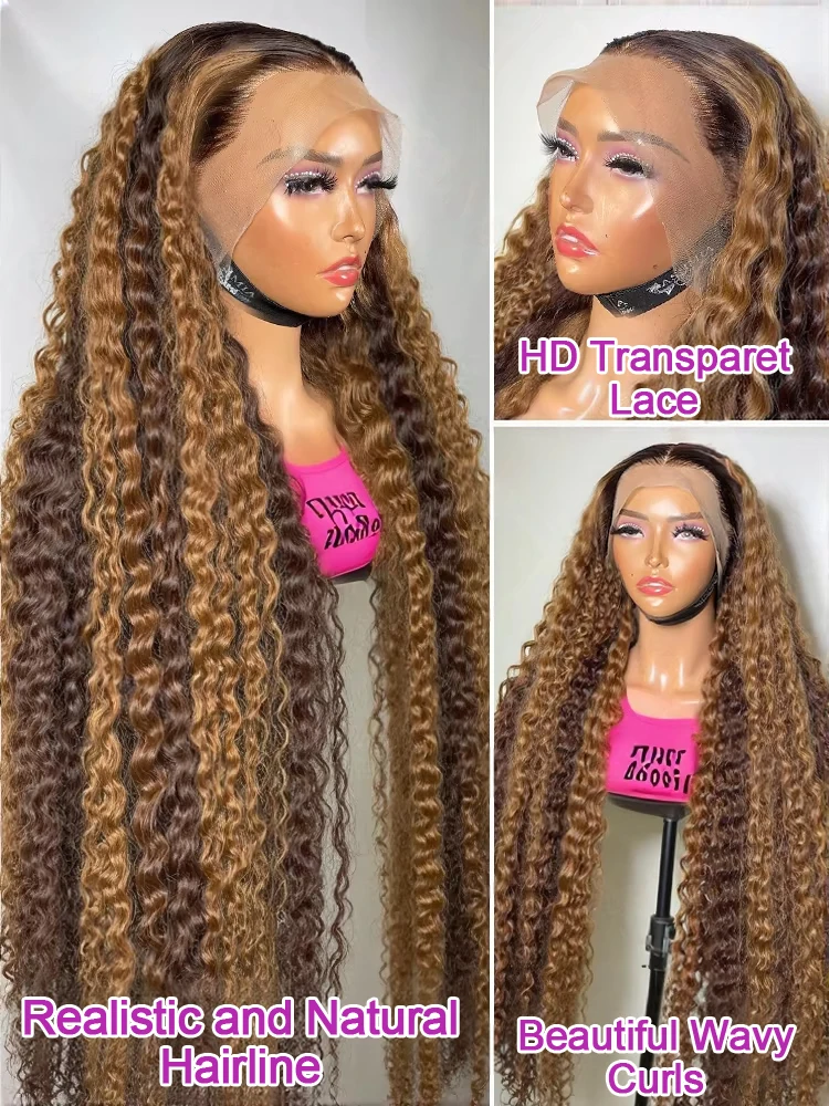 Curly Wig Highlight Ombre 13x6 HD Lace Front Human Hair Wigs Glueless Wigs 13x4 Deep Wave Lace Frontal Wig For Women Wear And Go