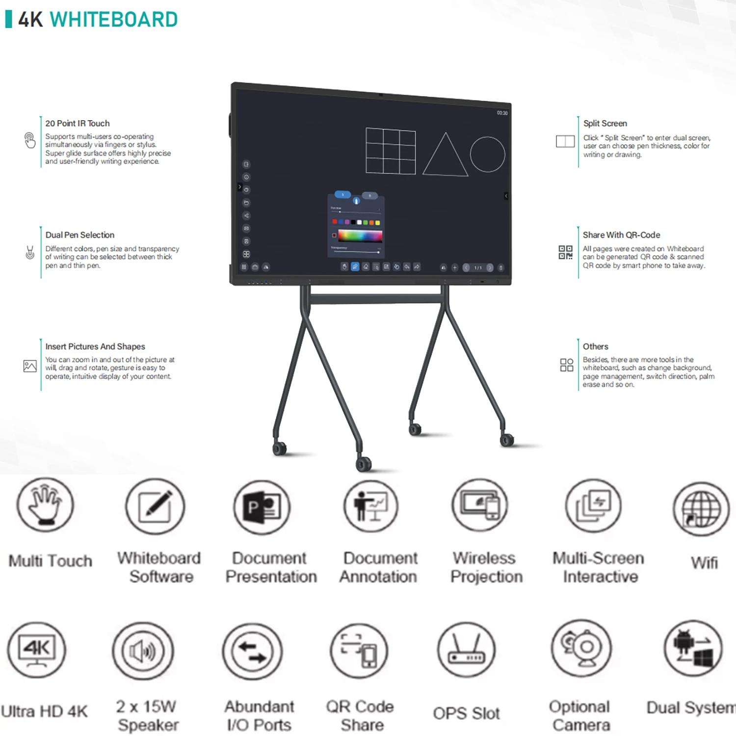 LT 65 Inch 75 Inches Interactive Digital Whiteboard System Android Winds Dual System Smart White Board for School