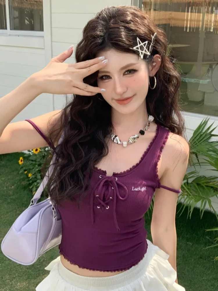 

Spicy Girl Embroidered Letter Tie-Dye Crop Top Women's Summer New Style Lace Splice Slimming Versatile Short Shirt