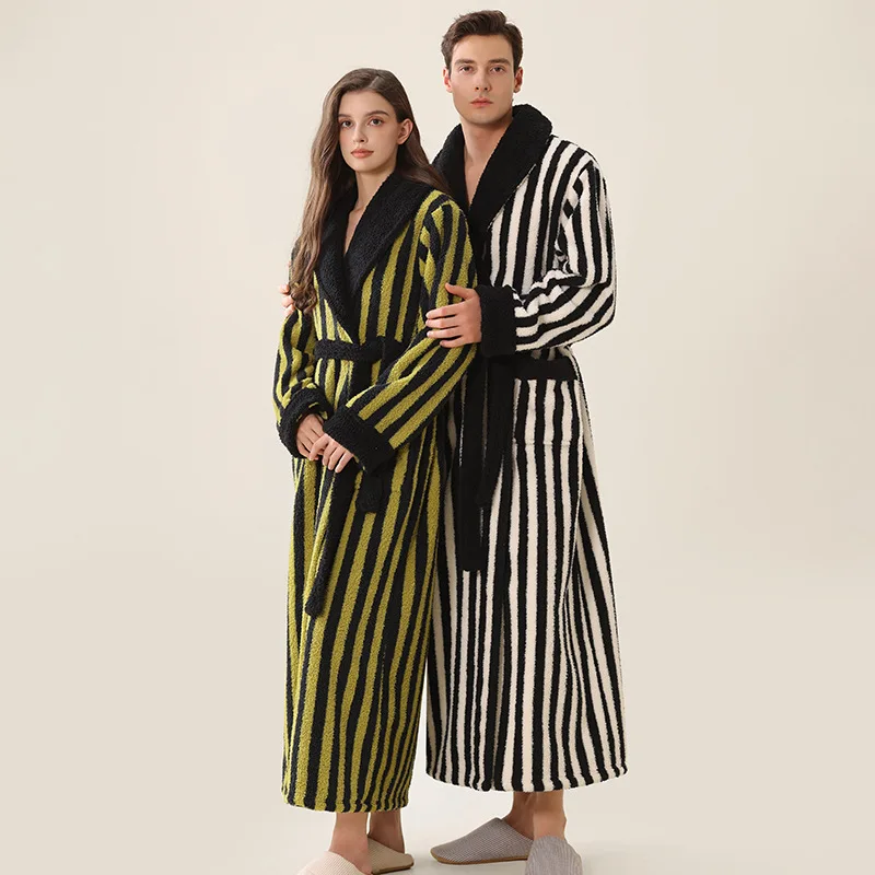 

2025 Autumn Winter New Couples Warm Kimono Robe Thick Coral Fleece Bathrobe Gown Women&Men Sleepwear Lengthed Home Clothing