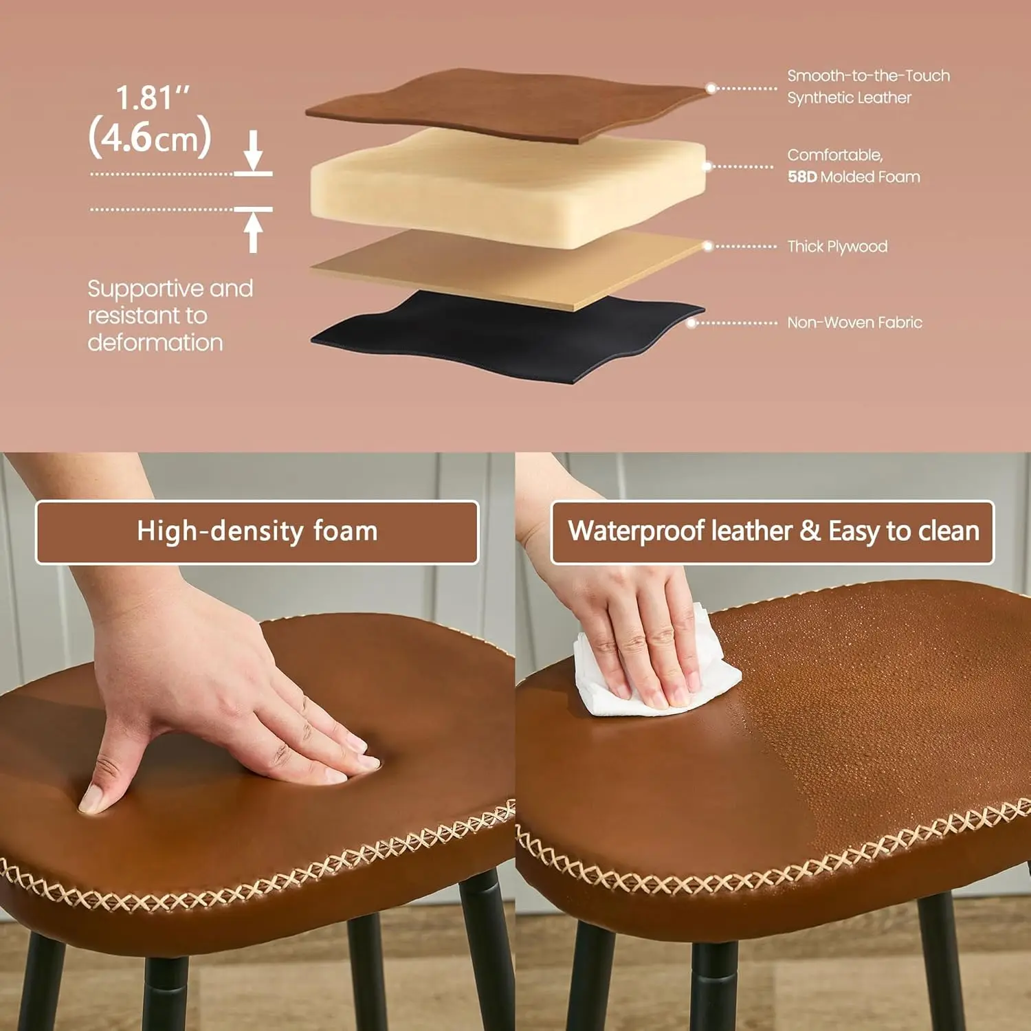 Bar Stools Set of 4, Modern Brown Faux Leather Back, 28' Kitchen Island Stools (4 PCS)