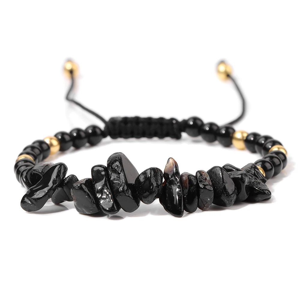 Natural Black Tourmaline Chips Beads Bracelet Healing Quartz Gem Stone Beaded Bracelets Adjustable Women Men Chakra Jewelry