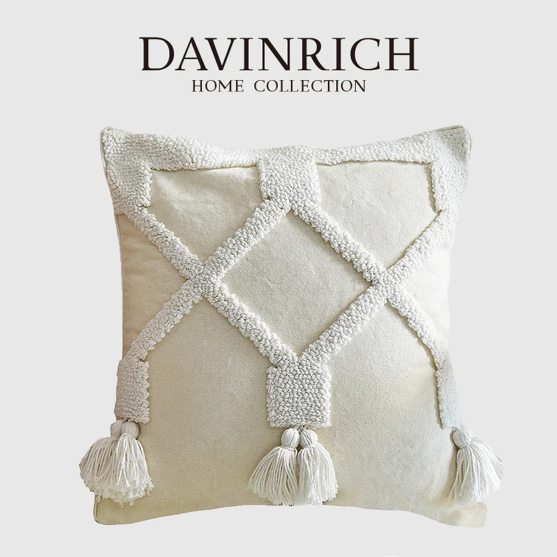 DAVINRICH India Handmade Throw Pillow Covers Pure White Ethnic Bohemian Geometric Tufted Cushion Case For Living Room Sofa Couch