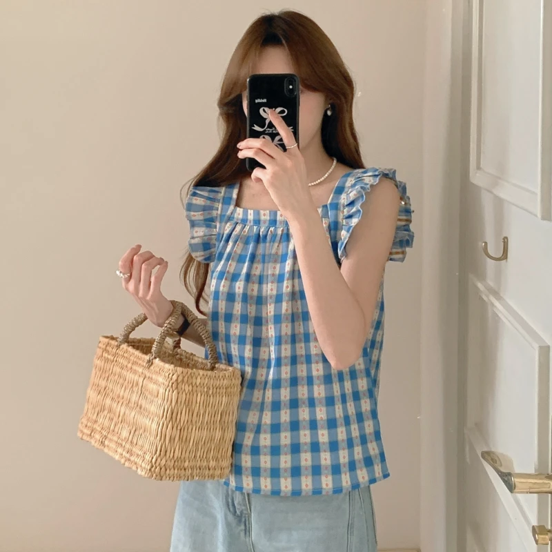 

Summer 2026 Chic Sweet Blue Floral Print Short Sleeve Shirt Vintage Square Collar Fly Sleeve Women's Fashion Shirt Casual Blouse