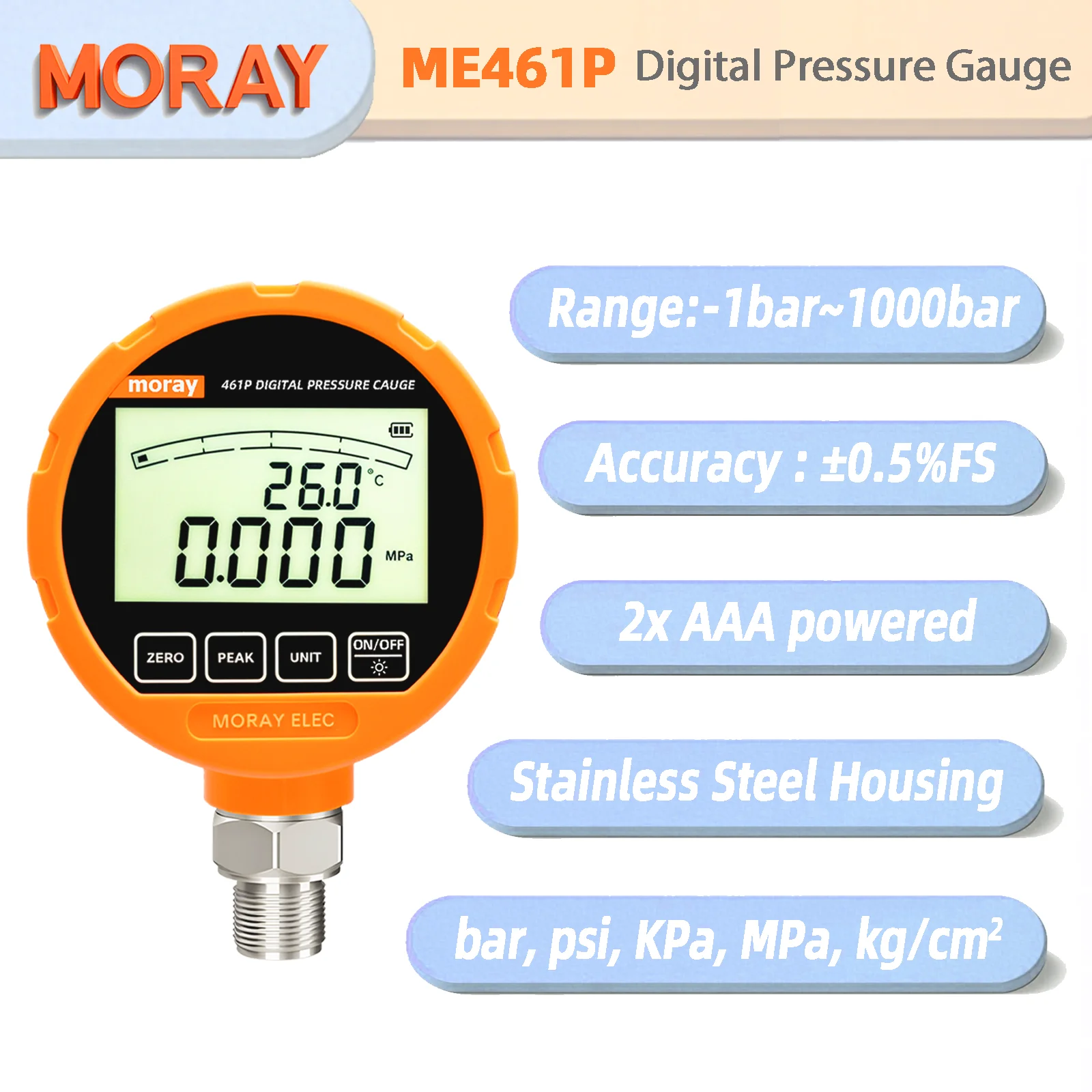 Moray ME461P عالية الدقة الرقمية مقياس الضغط الهيدروليكي الحجاب الحاجز 316L LCD الفولاذ المقاوم للصدأ الغاز السائل الوقود المعاير