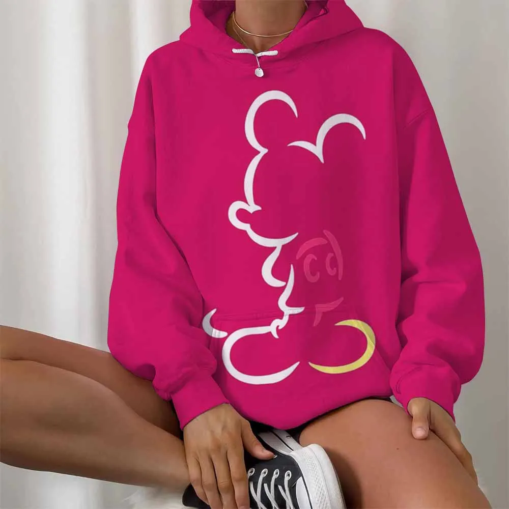 Disney-Moletom feminino com capuz Minnie Mickey Mouse estampado manga comprida, capuz feminino, tops Harajuku casuais, roupas de