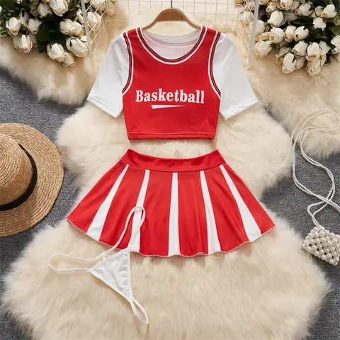 Football Basketball Baby 2-Pieces Suit Cosplay Cheerleading Uniform Crop Top Block Color Skirt Sporty Women Clothing Short Set