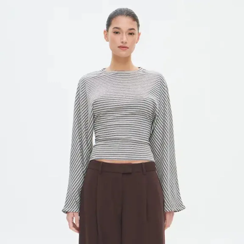 Maglietta casual Sle Slim Fit lunga Sve a righe con vita stretta Maglietta da donna Faion Polyester Thiened per la stagione autunnale