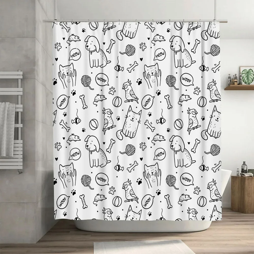 مجموعة ستائر الدش المطبوعة على شكل حيوانات باللون الأسود والأبيض على شكل كلب قطة ديكور الحمام لمستلزمات إعادة تشكيل المطبخ المنزلي سهلة التركيب وات #3