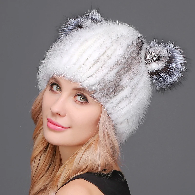 New Lovely Real Mink Fur Hat Women Winter Knitted Real Mink Fur Hats Thick Warm Real Mink Fur Cap