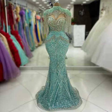 Luxurious women's evening dresses beaded neckline rhinestone tassel mermaid gown heavywork prom dress formal occasion dress