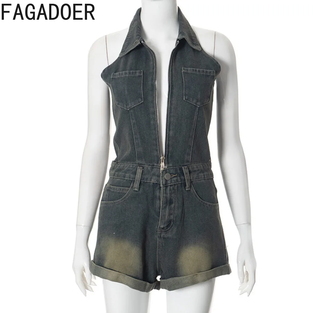 FAGADOER Fashion Retro Denim Halter Backless Bodycon Rompers Women V Neck Zipper Sleeveless Pocket Jean Jumpsuit Sexy Streetwear