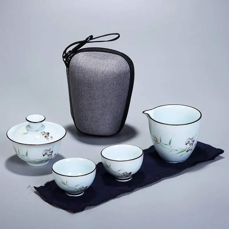 Chinese Kung Fu Tea Set Ceramic Portable Teapot Set Travel Gaiwan Tea Cups of Tea Ceremony Teacup Fine Gift with Travel Bag