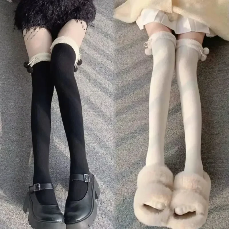 1 Pair Lamb Fleece Knee Length Stockings with Added Fleece in Autumn and Winter Japanese JK Socks Cute Wool Ball Calf Socks