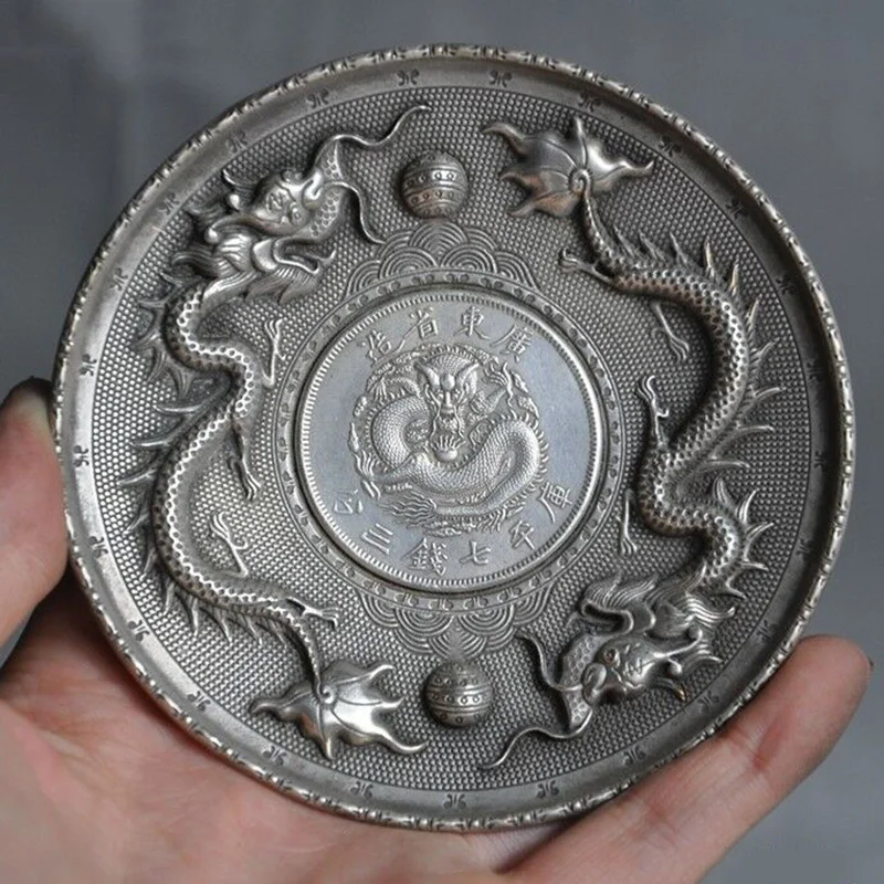 

Antique Collect Chinese Tibetan Silver Dragon Animal Money Coins Plate