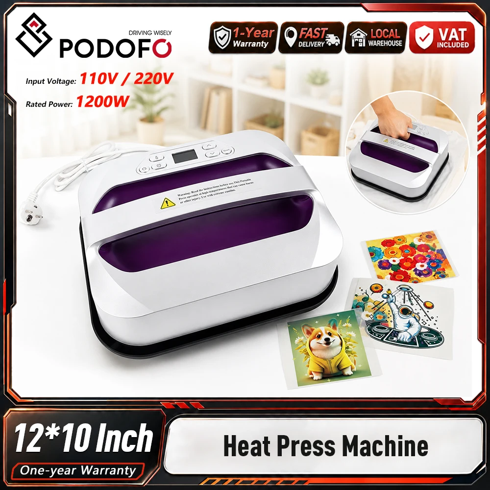 Podofo, pressa termica portatile da 12"x10", stampante digitale per trasferimento a sublimazione, piastra riscaldante rivestita in ceramica, spegnimento automatico, pressa termica per magliette,