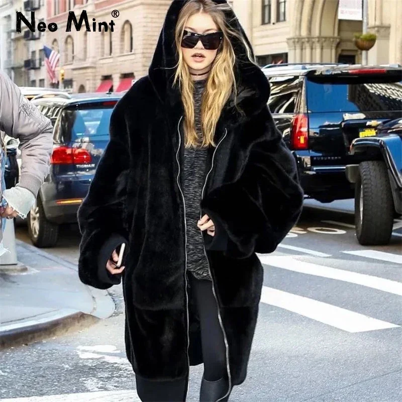 Fashion Runaway Gigi Iconic Long Faux Fur Coat Women 2023 Winter Luxury Brand Thick Warm Hooded Jacket Fake Rabbit Fur Overcoats