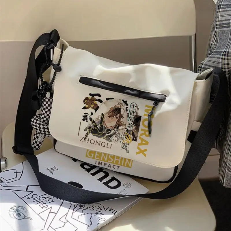 Anime Genshin Impact Xiao Hutao Badges Shoulder Bag Handbag Black White Messenger Cartoon Front Zipper Crossbody