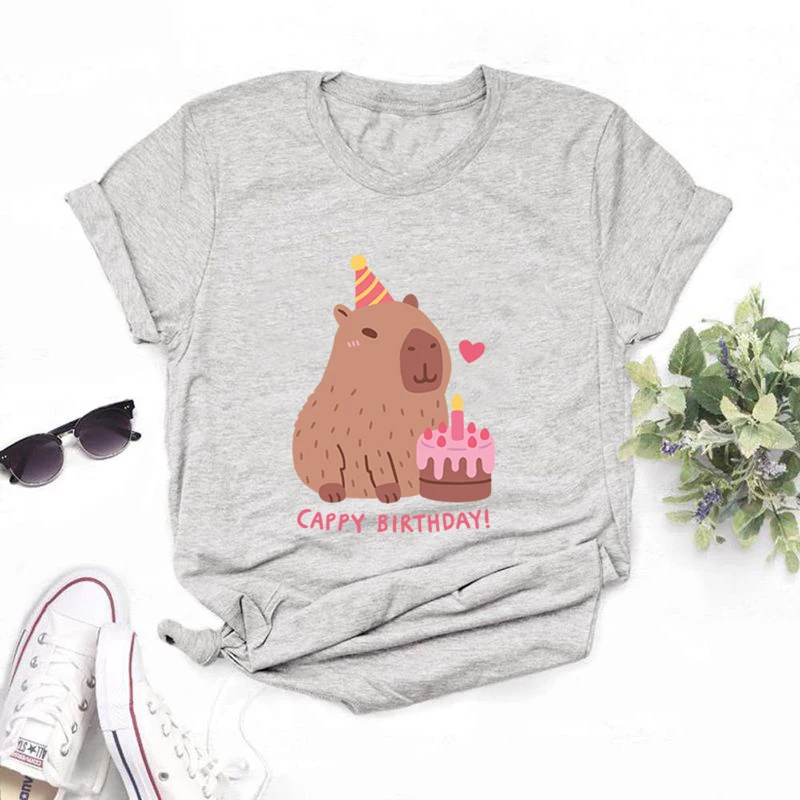 Capy Birthday T Shirt capibara Cartoon Print maglietta Unisex Harajuku Streetwear o-collo donna uomo T-Shirt moda Casual regalo top