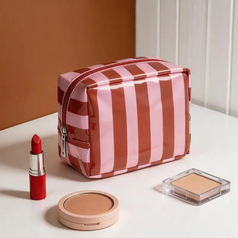 Mini PVC Gestreifte Kosmetiktasche Make-up-Tasche Wasserdichte Reise-Toilettentasche Make-up-Pinsel-Etui – Detail 4