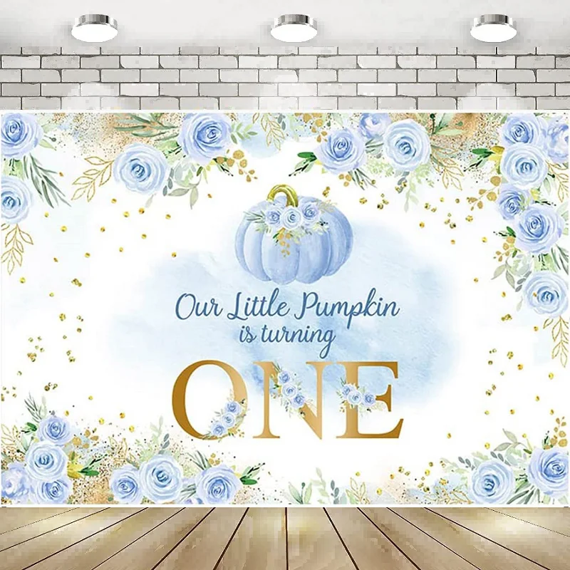 

Фон с тыквой на первый день рождения, осенний декор для дня рождения, синий акварельный цветочный фон с золотыми точками, фон для фотосъемки «банан»