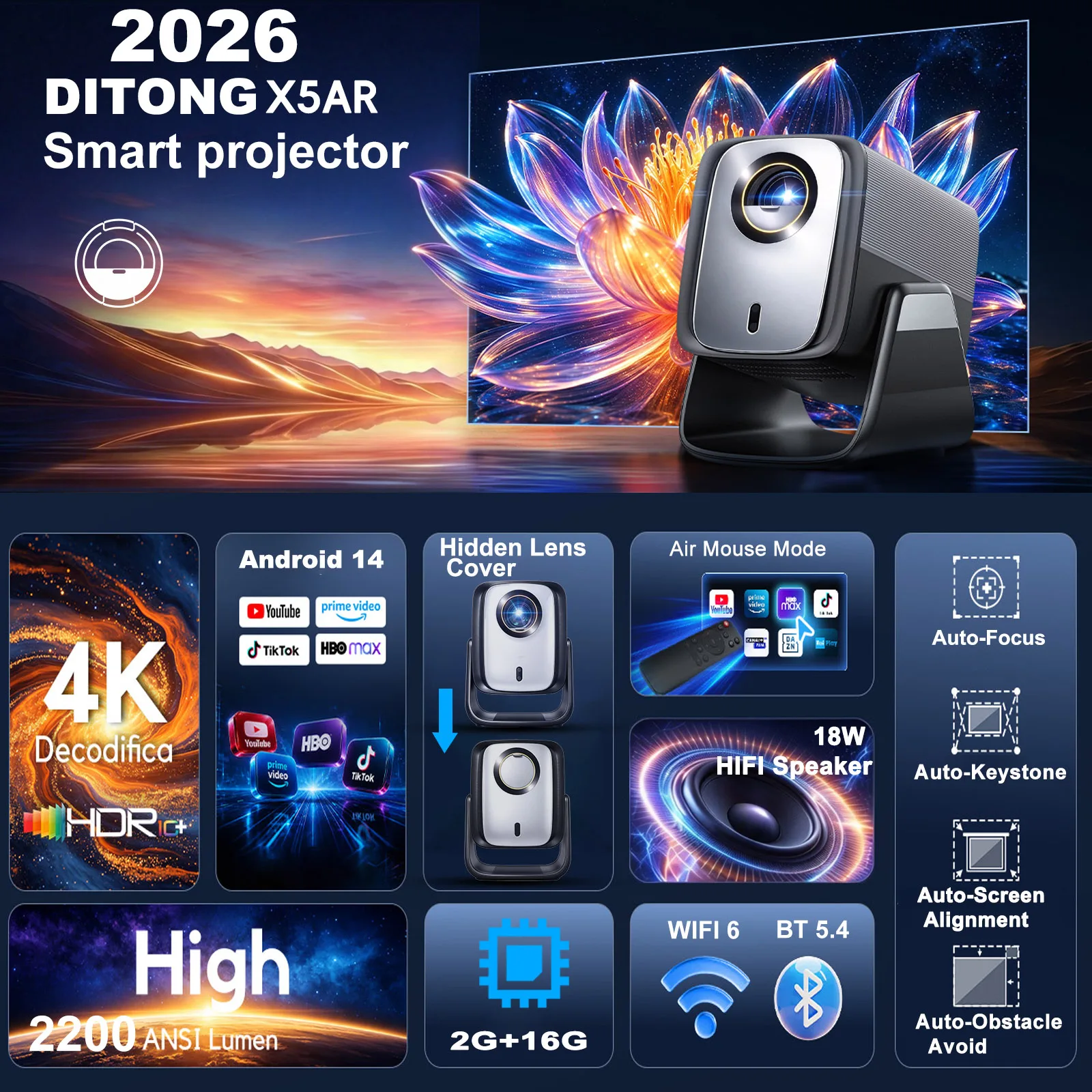 DITONG HT3 HD-Projektor, native 1080P, unterstützt 4K, WIFI6, BT5.4, Android, Mini, tragbarer LED-Heimkino-Videoprojektor – Detail 1