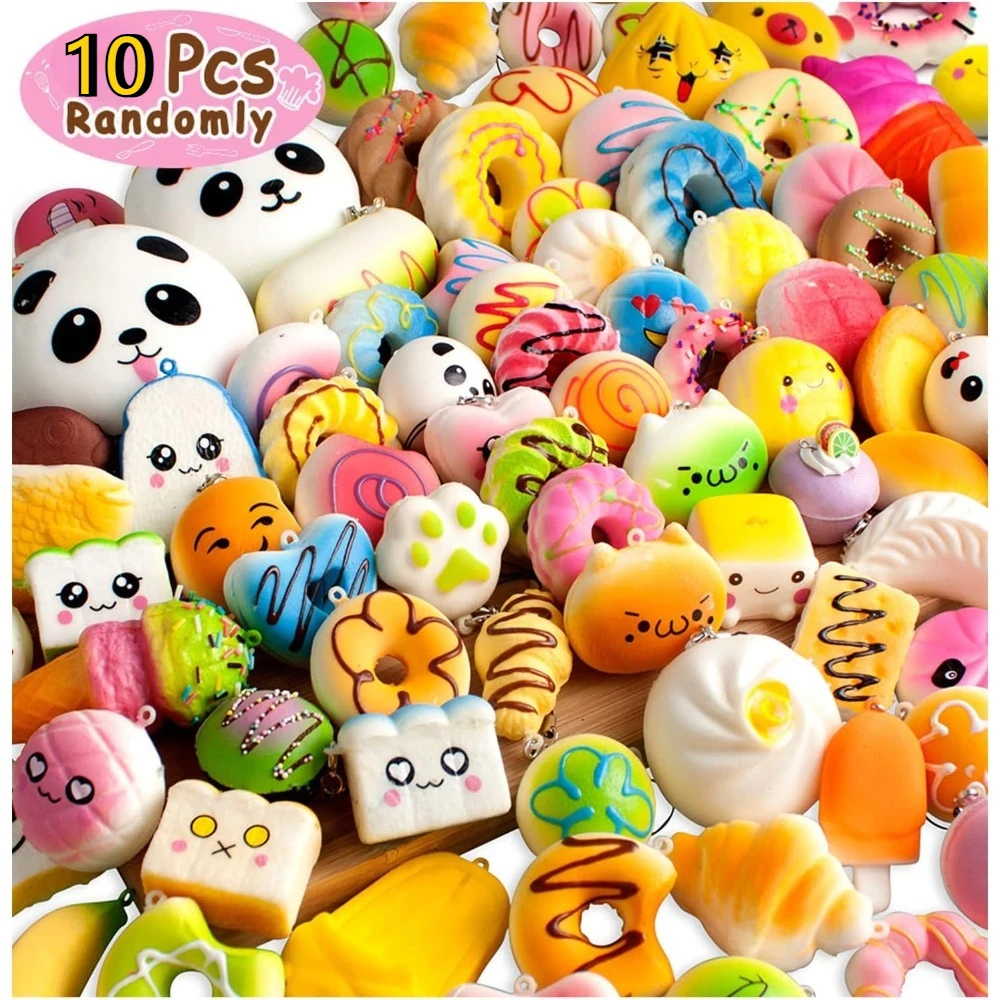 10pcs Random Squishes Toy Mini Soft Bread Toys Keychain Cute Banana Cake Toast Squishy Toy Kawaii Kitchen Toys Pretend Play Food