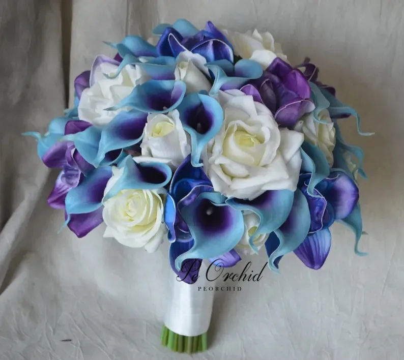 PEORCHID Real Touch Flowers Blue Purple Bridal Bouquet Calla Lily Ivory Artificial Roses Orchids Silk Wedding Hand Bouquet