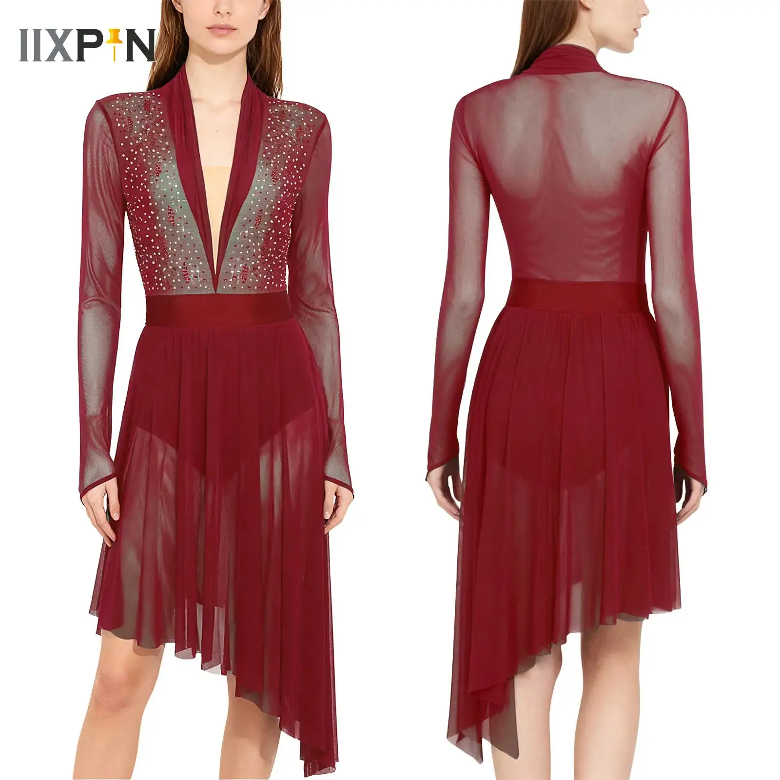 

Adults Womens Gymnastics Jersey Artistic Figure Skating Ballet Lyrical Dance Performance Costumes Shiny Rhinestones Dance Dress