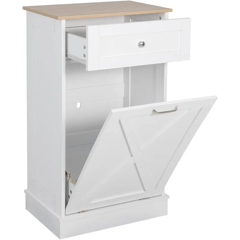 

Tilt Trash Cabinet - Freestanding Kitchen Trash Bin - Wooden Recycling Trash Cabinet with Drawers - White