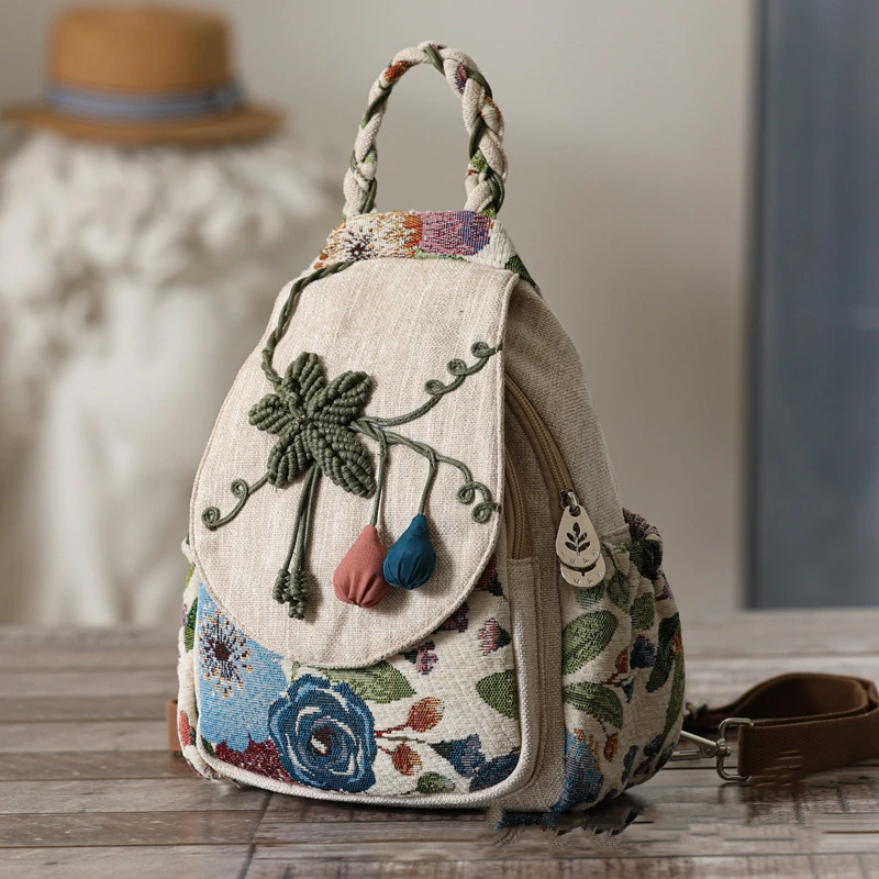 GAGACIA New Chinese Ethnic Style Women Backpack Large Capacity Travel Canvas Bag Female Vintage Handmade Gourd Backpacks Ladies