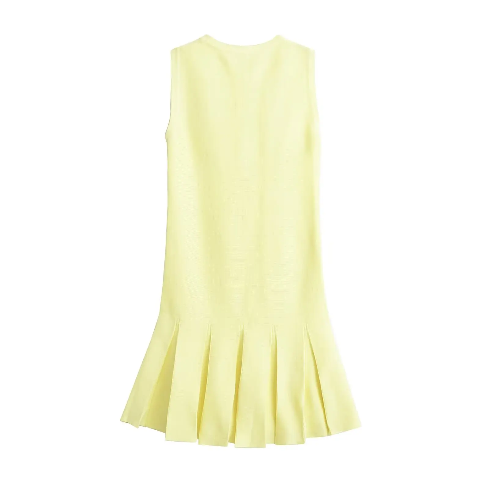 TRAF Summer Women Yellow Hem Pleat Knit Mini Dress Front Pockets Round Neck Sleeveless Dresses Sexy Vestidos