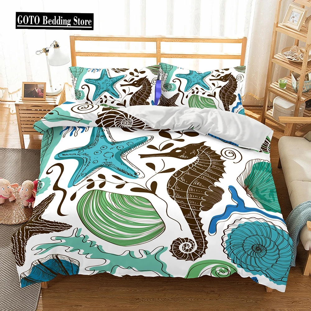 

Marine Organism Bed Duvet,White and Blue Bedding Set with Seahorse,Starfish,Ocean,Shells,Seaweed,Duvet Cover with pillowcases